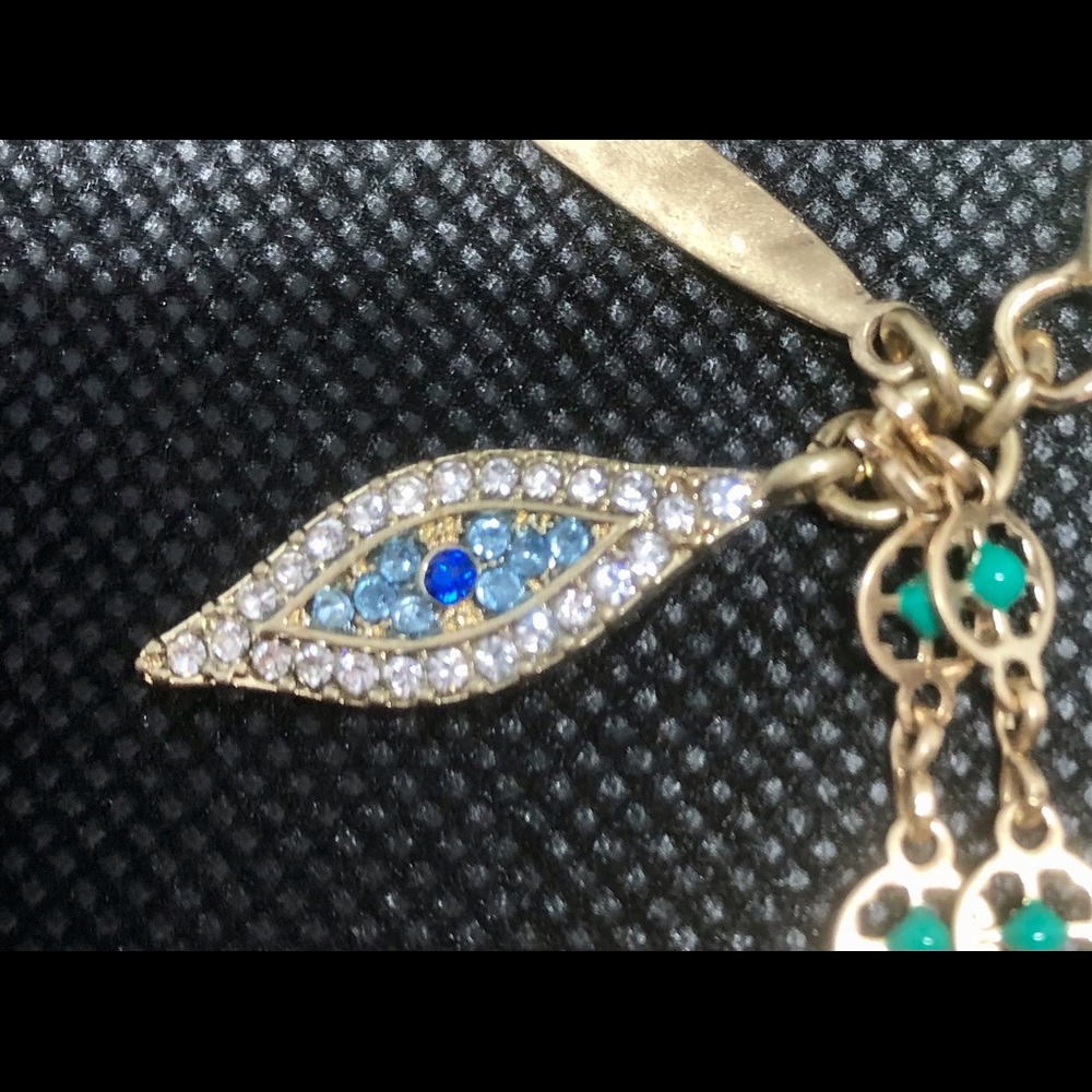 NWT Long Evil Eye charm Beaded Gold GREEN charm necklace